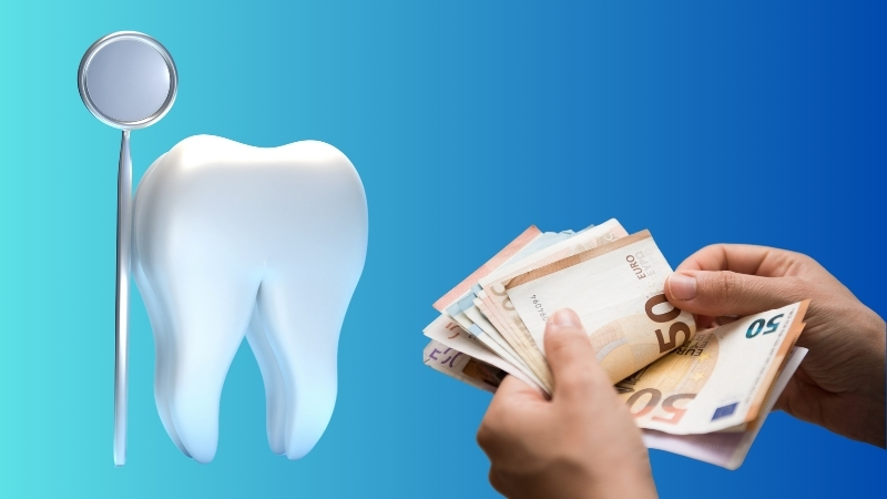 Slika prikazuje zube, stomatološki instrument i novac, ilustrujući dentalni turizam u Beogradu